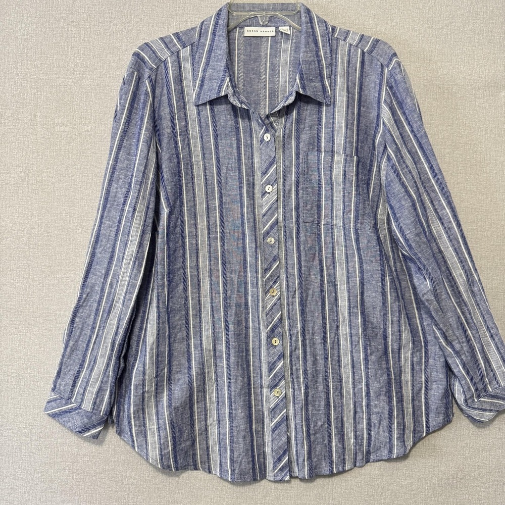 Susan Graver Shirt Womens Petite Large Blue Stripe‎ Linen Button Long Sleeve